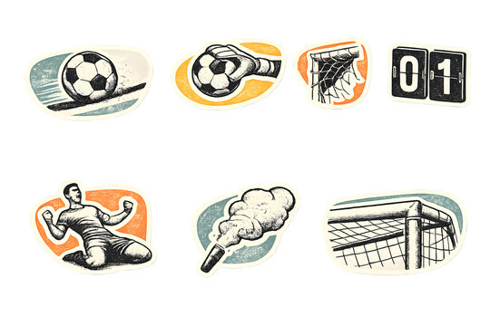 Illustrated soccer sports icons showing ball, player kicking, goal net, scoreboard, referee whistle, and goal celebration
