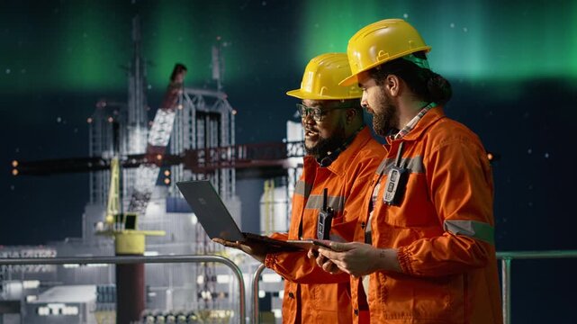 Drilling barge engineering team men analyze oil crisis logistics with laptop under green aurora borealis sky while offshore rig teamworking colleagues work together on blockade strategy.