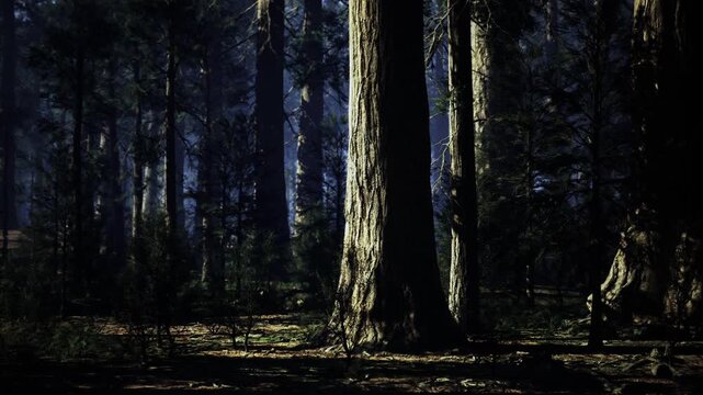 Silent forest where towering trees grow underneath dense overhead cover. Serene environment featuring tall ancient trees with gnarled bark and sprawling roots