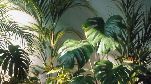 Lush tropical houseplants thriving indoors, creating a vibrant green botanical paradise with striking leaf patterns and natural beauty in a serene setting