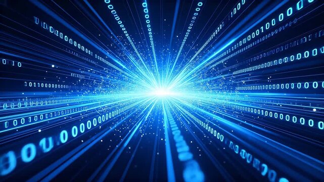 Binary code numbers and light forming digital tunnel with bright center