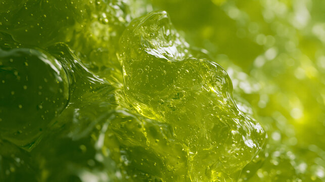 lime green translucent jelly gelatinous texture with tiny air bubbles, neon green gelatin abstract organic blobs with glossy wet surface, translucent lime jelly macro background 