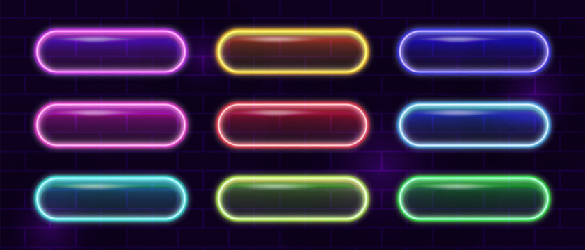 Neon glass buttons frames set on brick dark background, glass illuminated 3d buttons with glare, neon realistic glowing frames for web design