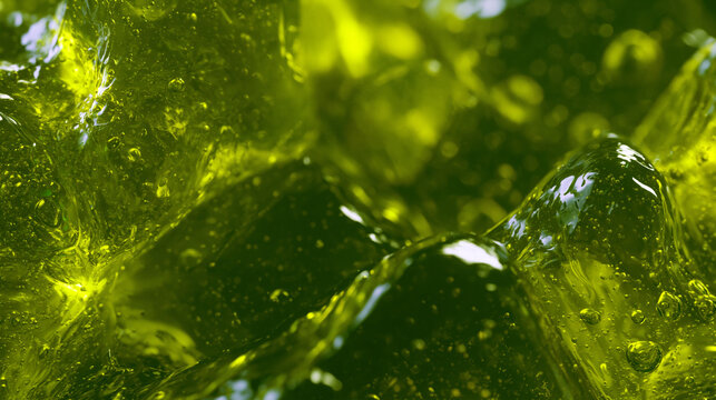 lime green translucent jelly gelatinous texture with tiny air bubbles, neon green gelatin abstract organic blobs with glossy wet surface, translucent lime jelly macro background 