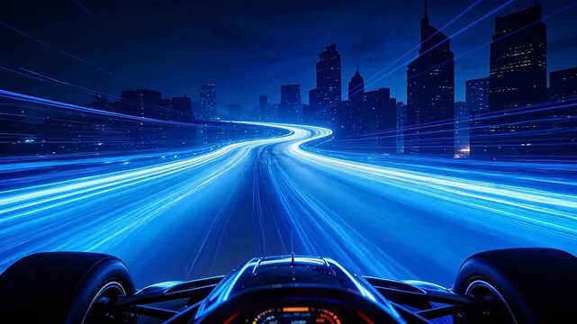 Streamlined racing car driving on futuristic city track with blue light trails