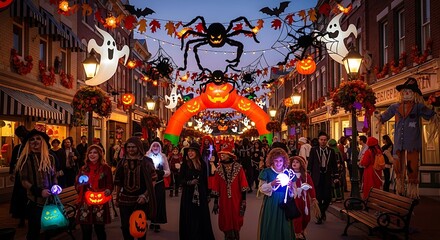 Naklejka premium Festive Halloween street celebration with costumed people and decorations.