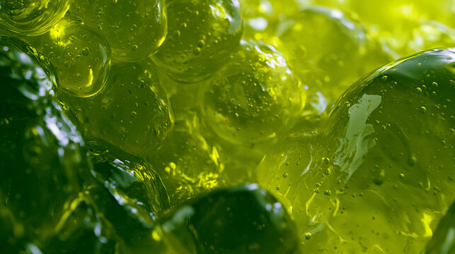lime green translucent jelly gelatinous texture with tiny air bubbles, neon green gelatin abstract organic blobs with glossy wet surface, translucent lime jelly macro background 