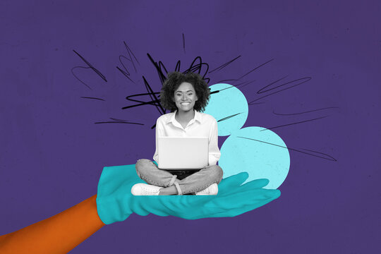 Art image full 3d photo collage of happy girl guy sit hand wear glove master exploitation hold laptop marionette trap workload