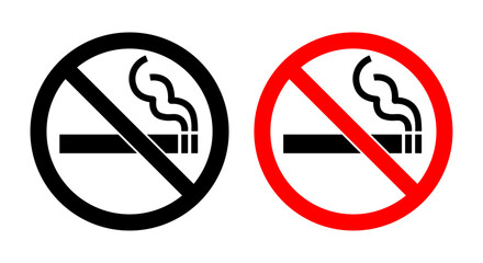 No smoking sign icon set, Black and red prohibited cigarette symbols for health safety, Smoke free zone warning signs for public places, Tobacco ban restriction vector illustration. © Kingwardobe