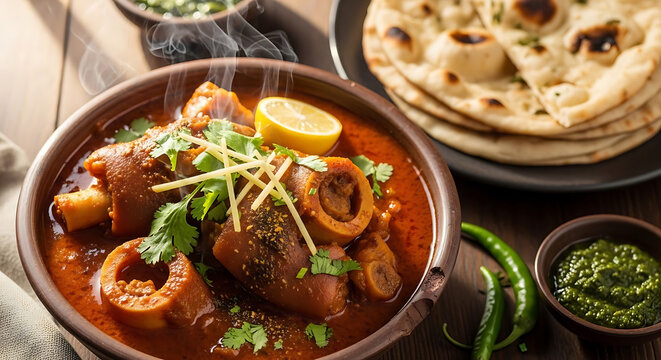 Nihari is a traditional slow cooked meat stew served with fresh naan bread in a rustic bowl.