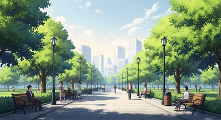 Naklejka premium People relaxing on wooden benches along a peaceful sunlit city park walkway during the daytime