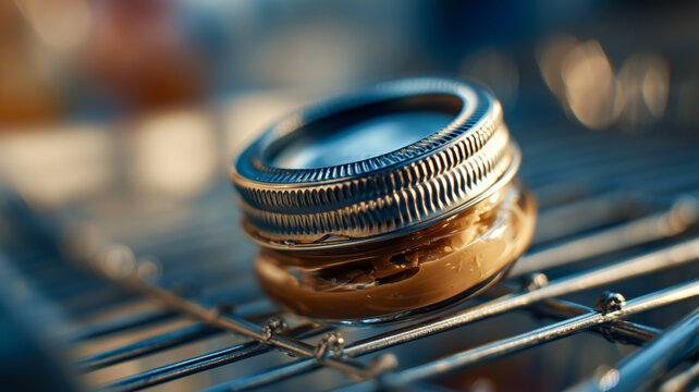 Jar of peanut butter on metal shelf, simple pantry staple