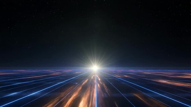 Futuristic big data, futuristic internet concept. Digital grid with glowing light trails data highway.