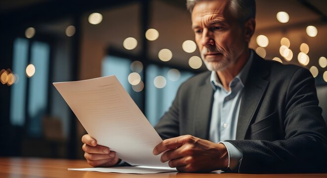 Focused businessman reviewing important documents at a dark office desk, with warm bokeh lights in the background