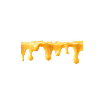Glossy golden liquid cheese sauce dripping border with smooth melted texture decorative topping element isolated on white background