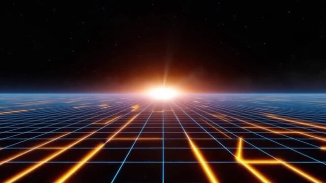 Futuristic big data, futuristic internet concept. Digital grid with glowing light trails data highway.
