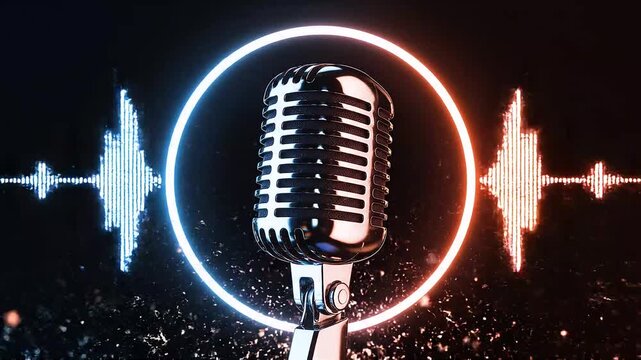 Retro style microphone set against a dark background with circular visualizer effect with blue and orange glowing sound waves movement.