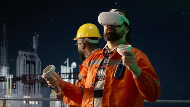 Drilling ship engineer using VR headset to search sea petrol reserves during oil crisis while offshore platform expert runs virtual reality simulations to circumvent blockade, for energy operations.