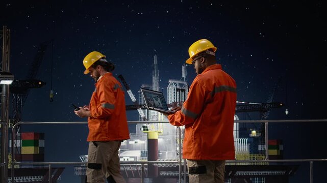 Offshore platform workers using map on laptop to circumvent embargo slowing fuel extraction operations with offshore platform context.