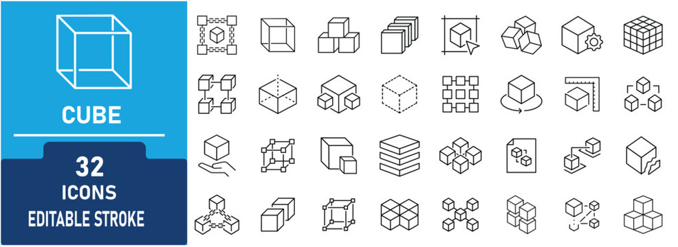 Cube Line Icon Set. Contains icons related to 3D cubes, geometric shapes, block , isometric design, packaging, construction concepts and more . Editable stroke. Vector illustration.