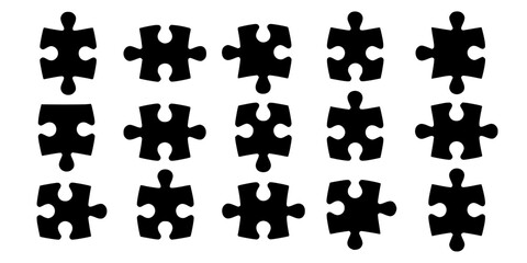 Naklejka premium Puzzle Pieces Arranged in a Grid Pattern on a White Background Featuring Black, Jigsaw, Interlocking with Shapes and Game Elements for Toy, Children