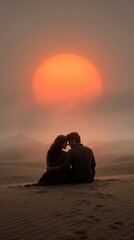 Fototapeta premium A silhouetted couple sits together sharing an intimate quiet moment against a massive glowing sun setting behind thick atmospheric fog in a warm monochromatic masterpiece