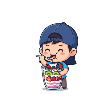Cute chibi boy wearing a blue backwards baseball cap eating a large yogurt parfait with layers of fresh strawberries, kiwi, blueberries and granola in a glass, isolated vector illustration.