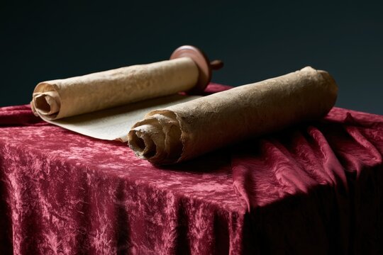 Ancient Torah Scroll Unrolled on Rich Burgundy Velvet Cloth