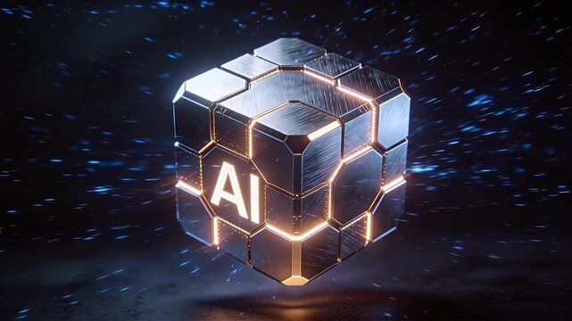 Metallic polygonal cube structure with glowing lines and AI text on surface