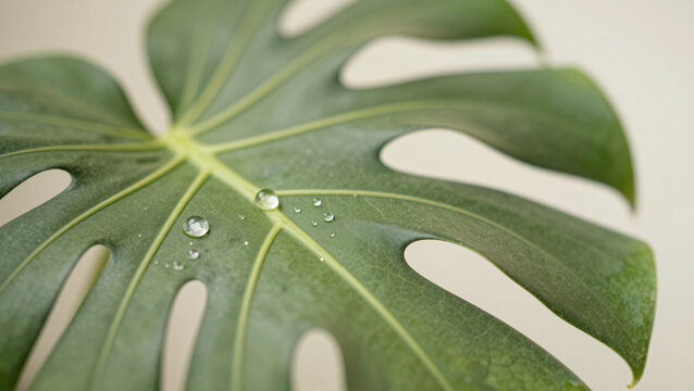 Makroaufnahme einer Monstera Pflanze mit frischen Wassertropfen
