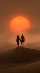 Fototapeta premium A romantic silhouette of a couple walking hand in hand through thick volumetric fog towards a massive glowing sun on a warm monochromatic cinematic horizon