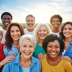 Fototapeta premium Diverse group of happy multi-generational people smiling together outdoors.
