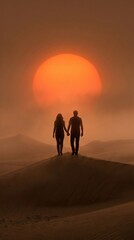 Fototapeta premium A romantic silhouette of a couple walking hand in hand through thick volumetric fog towards a massive glowing sun on a warm monochromatic cinematic horizon