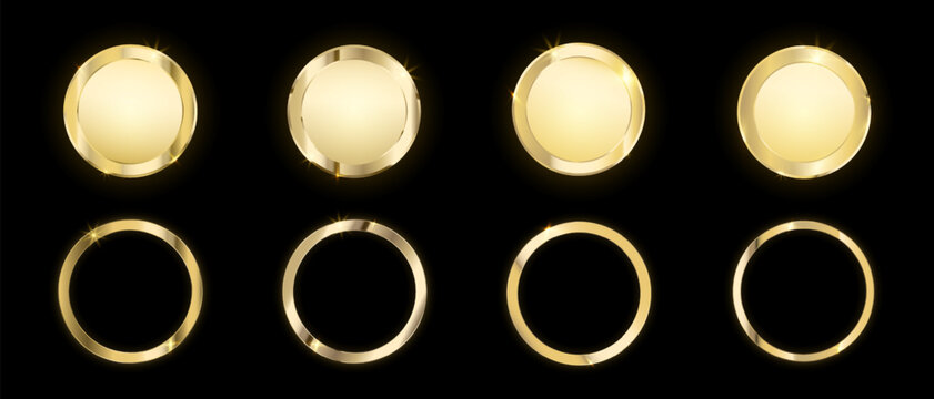 Gold metal medals and gold metal circle frames, Realistic 3d golden award badges set, Luxury round shining metal frames with glitters