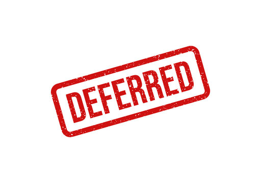 Red deferred stamp with bold white text