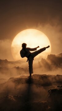 A lone martial artist silhouette executes a powerful high kick against a massive glowing sun setting through thick atmospheric fog in a warm monochromatic masterpiece

