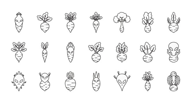 Set of minimalist outline icons featuring various root vegetables such as radishes, beets, and turnips, some creatively blended with extraterrestrial alien faces and features.
