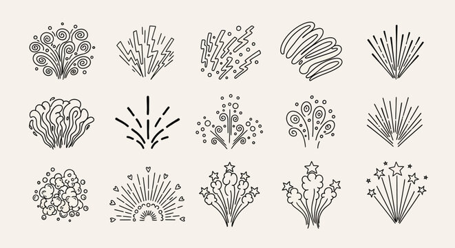 Minimalist firework line icons, set of 15 festive explosion vector elements, simple black outline celebratory spark and burst symbols for event design