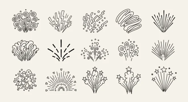 Minimalist firework line icons, set of 15 festive explosion vector elements, simple black outline celebratory spark and burst symbols for event design