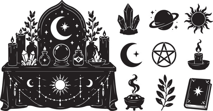 Witchcraft, occult, mystical symbols, 25 black icons