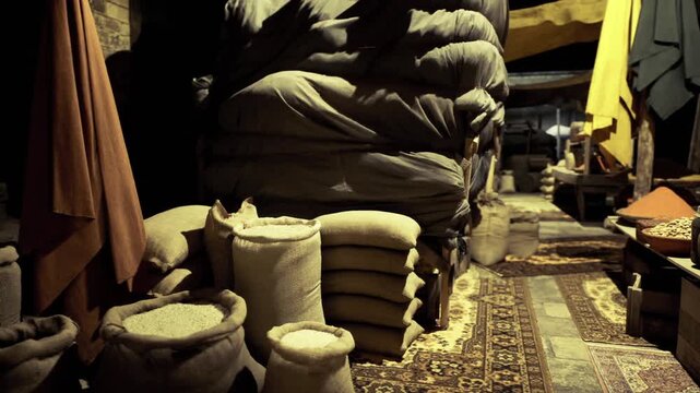 Narrow aisle with towering grain sacks and patterned rugs, low warm light and pottery jars, corridor perspective emphasizing depth and texture, mood of hidden