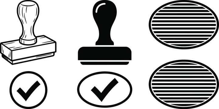 Rubber Stamps And Checkmark Symbols Black Silhouette On White Background