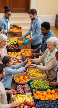 Diverse group of volunteers sorting fresh fruit and vegetables for community food bank.