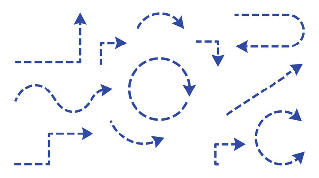 A collection of blue dashed vector arrow illustrations featuring various styles and unique curved shapes