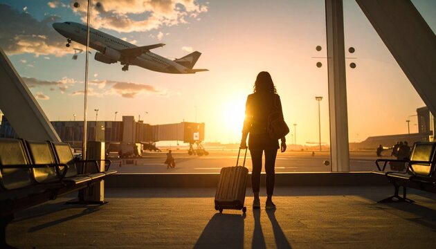 Woman with luggage waiting at airport terminal during summer vacation travel at sunrise
