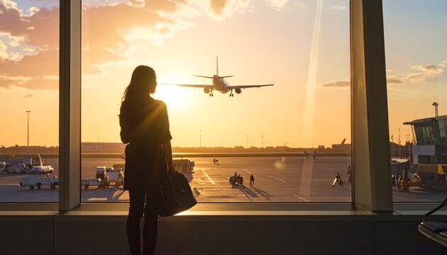 Woman in airport terminal looking out at plane taking off during summer vacation travel at sunset