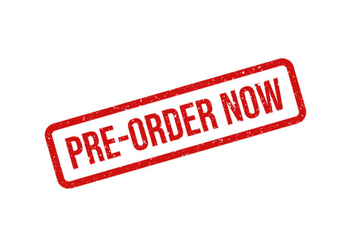 Red pre-order now stamp with bold white text on transparent background