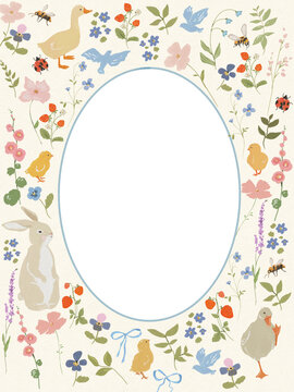 Cottagecore Oval PNG Frame Border With Whimsical Flowers, Bunny, Rabbit, Chicks, Farm Animals and Birds, Chicken Background For Baby Shower or Wedding Invitations, Photos, Wall Art and Quotes