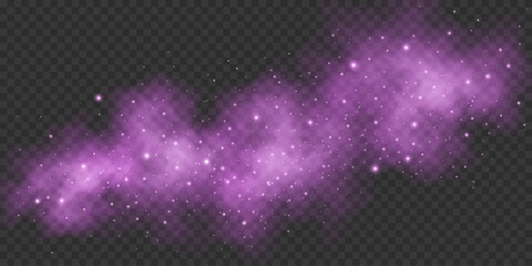 Naklejka premium Magical abstract purple cloud with flying glittering dust and soft fog on transparent background. Stylish stardust light effect. Festive lights footage for holiday or fantasy visuals. Vector.