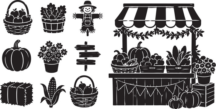Autumn harvest icons, farm stand, pumpkins, black and white vector graphics
